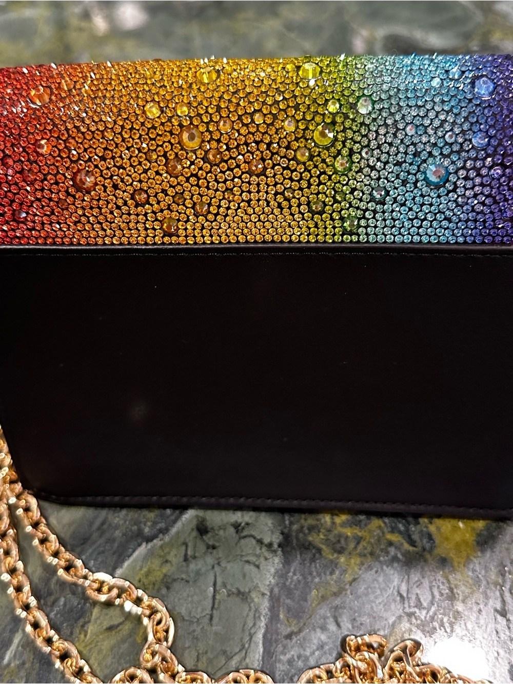 Betsey Johnson Multicolor Rainbow Crystals Crossbody with Gold Chain Strap 7”x5” - Picture 13 of 16